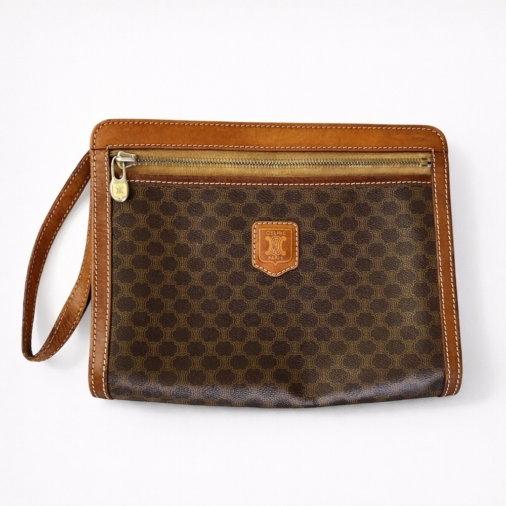 Vintage Celine Macadam Wristlet Zip Clutch Brown Retro Pouch Old Money Quiet Lux - Picture 1 of 16